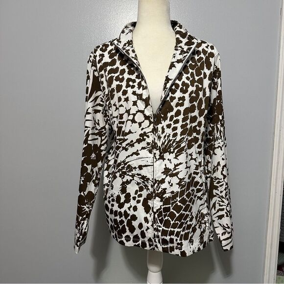 Chico’s brown and white zip up lightweight jacket with pockets size 3 - Picture 1 of 8